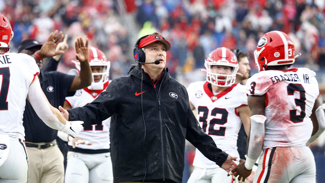 Nov 9, 2024; Oxford, Mississippi, USA; Georgia Bulldogs head coach Kirby Smart reacts after a touchdown during the first half against the Mississippi Rebels at Vaught-Hemingway Stadium. Mandatory Credit: Petre Thomas-Imagn Images