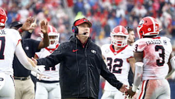 Nov 9, 2024; Oxford, Mississippi, USA; Georgia Bulldogs head coach Kirby Smart reacts after a touchdown during the first half against the Mississippi Rebels at Vaught-Hemingway Stadium. Mandatory Credit: Petre Thomas-Imagn Images