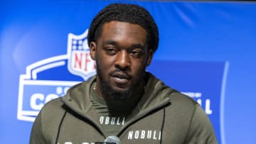 Mar 1, 2023; Indianapolis, IN, USA; Kansas linebacker Lonnie Phelps (LB25) speaks to the press at the NFL Combine at Lucas Oil Stadium. Mandatory Credit: Trevor Ruszkowski-USA TODAY Sports