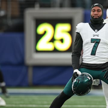 Jan 7, 2024; East Rutherford, New Jersey, USA; Philadelphia Eagles linebacker Haason Reddick (7) stretches before the game against the New York Giants at MetLife Stadium. 