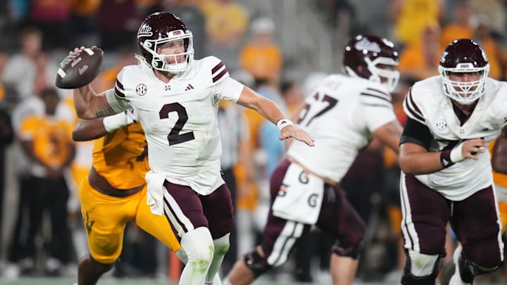 Mississippi State Bulldogs quarterback Blake Shapen (2) throws the ball against Arizona State at Mountain America Stadium on Sept. 7, 2024, in Tempe.