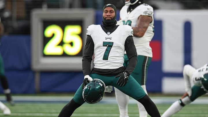 Jan 7, 2024; East Rutherford, New Jersey, USA; Philadelphia Eagles linebacker Haason Reddick (7) stretches before the game against the New York Giants at MetLife Stadium. 