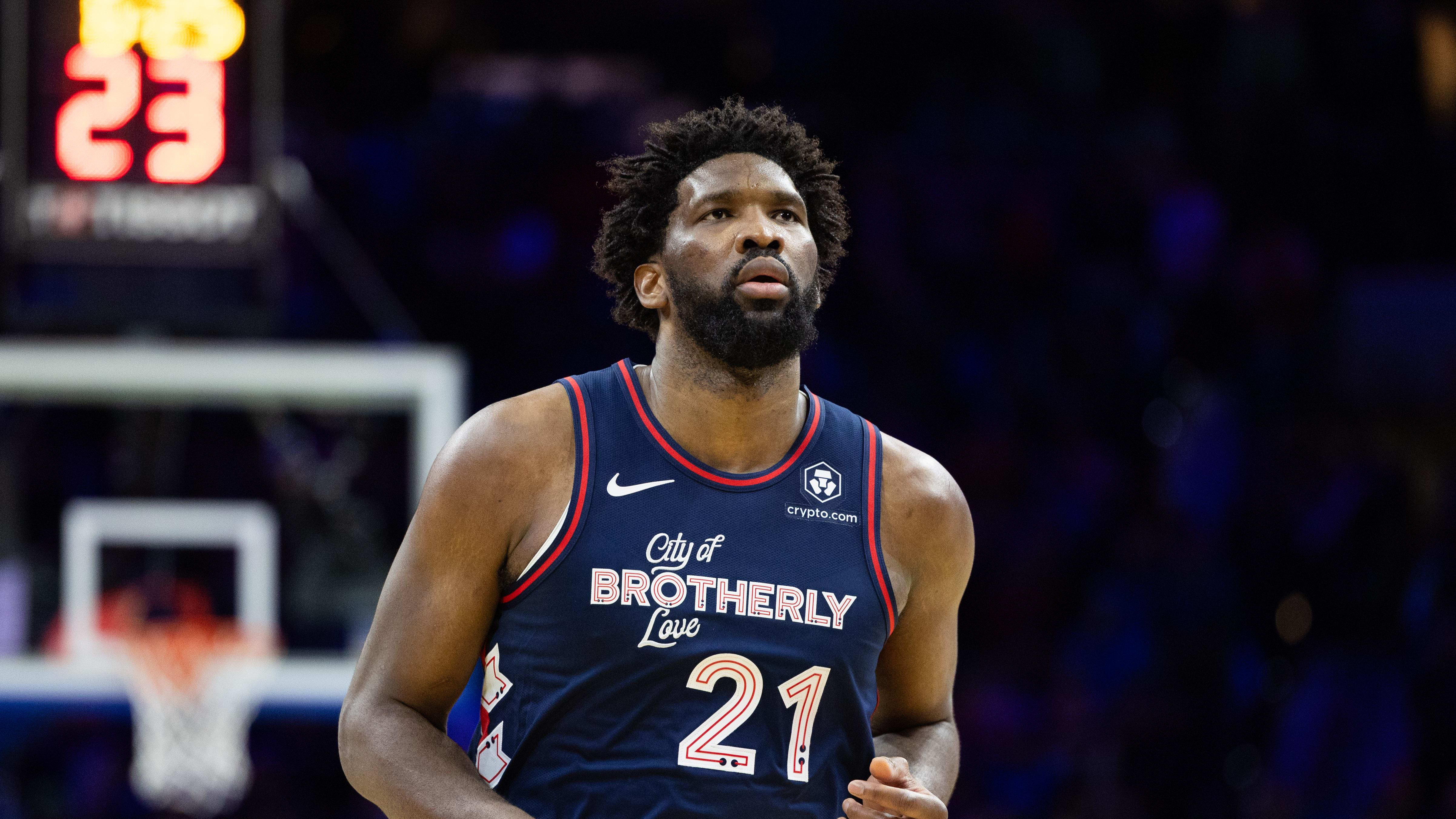 Jan 22, 2024; Philadelphia, Pennsylvania, USA; Philadelphia 76ers center Joel Embiid (21) looks on