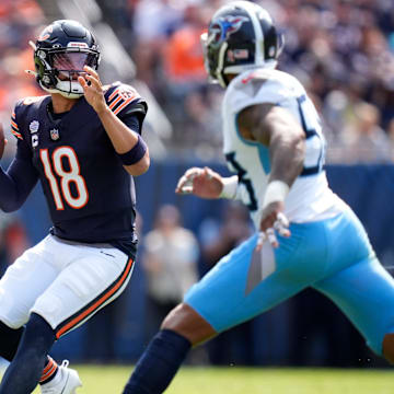 Caleb Williams plants and throws deep during Sunday's 24-17 Bears win over the Tennessee Titans.