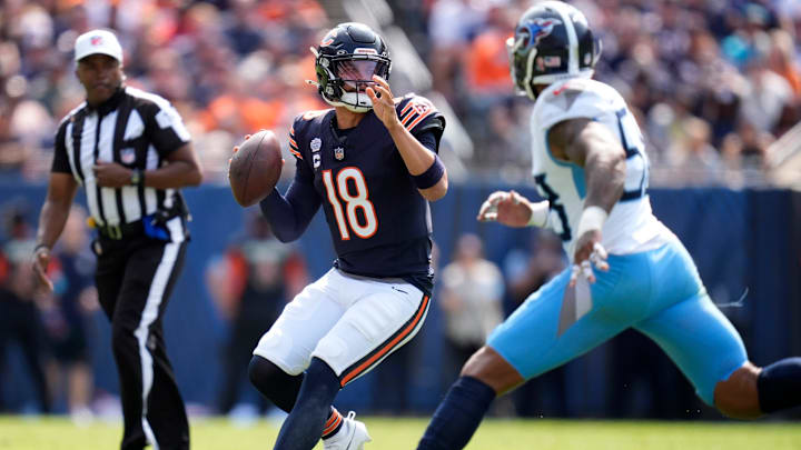 Caleb Williams plants and throws deep during Sunday's 24-17 Bears win over the Tennessee Titans.