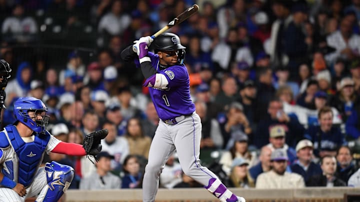 May 27, 2025; Chicago, Illinois, USA; Colorado Rockies second baseman Adael Amador (1) at bat during a game against the Chicago Cubs at Wrigley Field.