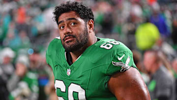 Oct 22, 2023; Philadelphia, Pennsylvania, USA; Philadelphia Eagles offensive tackle Jordan Mailata (68) against the Miami Dolphins at Lincoln Financial Field. Mandatory Credit: Eric Hartline-Imagn Images