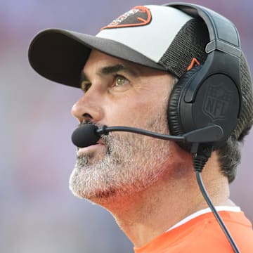 Sep 8, 2024; Cleveland, Ohio, USA; Cleveland Browns head coach Kevin Stefanski looks at the scoreboard during the second half against the Dallas Cowboys at Huntington Bank Field. 