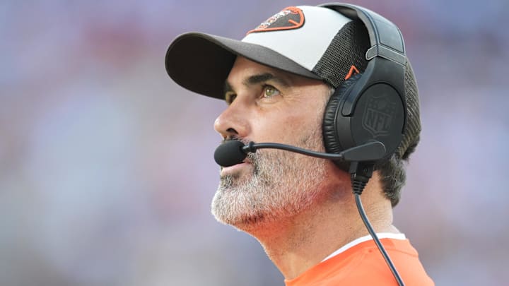 Sep 8, 2024; Cleveland, Ohio, USA; Cleveland Browns head coach Kevin Stefanski looks at the scoreboard during the second half against the Dallas Cowboys at Huntington Bank Field. 