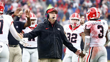 Nov 9, 2024; Oxford, Mississippi, USA; Georgia Bulldogs head coach Kirby Smart reacts after a touchdown during the first half against the Mississippi Rebels at Vaught-Hemingway Stadium. Mandatory Credit: Petre Thomas-Imagn Images
