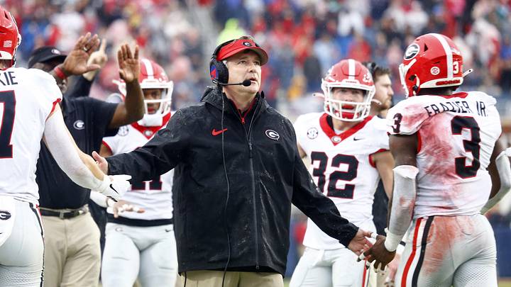 Nov 9, 2024; Oxford, Mississippi, USA; Georgia Bulldogs head coach Kirby Smart reacts after a touchdown during the first half against the Mississippi Rebels at Vaught-Hemingway Stadium. Mandatory Credit: Petre Thomas-Imagn Images