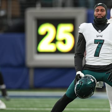 Jan 7, 2024; East Rutherford, New Jersey, USA; Philadelphia Eagles linebacker Haason Reddick (7) stretches before the game against the New York Giants at MetLife Stadium.