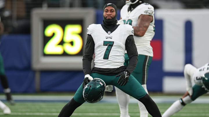 Jan 7, 2024; East Rutherford, New Jersey, USA; Philadelphia Eagles linebacker Haason Reddick (7) stretches before the game against the New York Giants at MetLife Stadium.