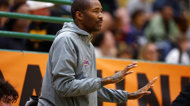 Jan 2, 2026; Mesa, AZ, USA; Rainier Beach High School (WA) assistant coach Jamal Crawford against Mater Dei during the HoopHall West Tournament at Skyline High School. Mandatory Credit: Mark J. Rebilas-Imagn Images