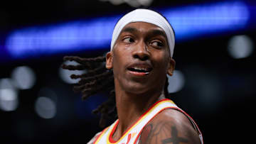 Terance Mann #14 of the Atlanta Hawks reacts against the Brooklyn Nets.