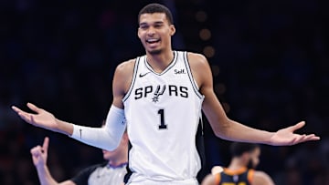 Nov 14, 2023; Oklahoma City, Oklahoma, USA; San Antonio Spurs center Victor Wembanyama (1) reacts after receiving a technical during the second quarter against the Oklahoma City Thunder at Paycom Center. Mandatory Credit: Alonzo Adams-Imagn Images