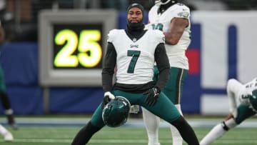 Jan 7, 2024; East Rutherford, New Jersey, USA; Philadelphia Eagles linebacker Haason Reddick (7) stretches before the game against the New York Giants at MetLife Stadium.