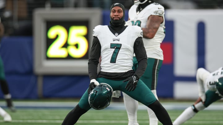Jan 7, 2024; East Rutherford, New Jersey, USA; Philadelphia Eagles linebacker Haason Reddick (7) stretches before the game against the New York Giants at MetLife Stadium.
