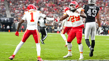 Oct 27, 2024; Paradise, Nevada, USA; Kansas City Chiefs running back Kareem Hunt (29) celebrates with wide receiver Xavier Worthy (1) after scoring a touchdown against the Las Vegas Raiders during the first quarter at Allegiant Stadium. Mandatory Credit: Stephen R. Sylvanie-Imagn Images