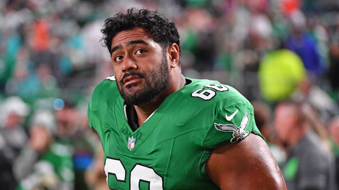 Oct 22, 2023; Philadelphia, Pennsylvania, USA; Philadelphia Eagles offensive tackle Jordan Mailata (68) against the Miami Dolphins at Lincoln Financial Field. Mandatory Credit: Eric Hartline-Imagn Images