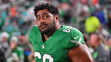 Oct 22, 2023; Philadelphia, Pennsylvania, USA; Philadelphia Eagles offensive tackle Jordan Mailata (68) against the Miami Dolphins at Lincoln Financial Field. Mandatory Credit: Eric Hartline-Imagn Images