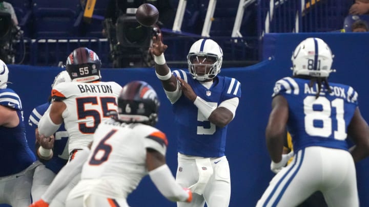 Indianapolis Colts quarterback Anthony Richardson (5) throws a pass during the first half of a preseason game against the Denver Broncos on Sunday, Aug. 11, 2024, at Lucas Oil Stadium in Indianapolis. The Broncos defeated the Colts 34-30.