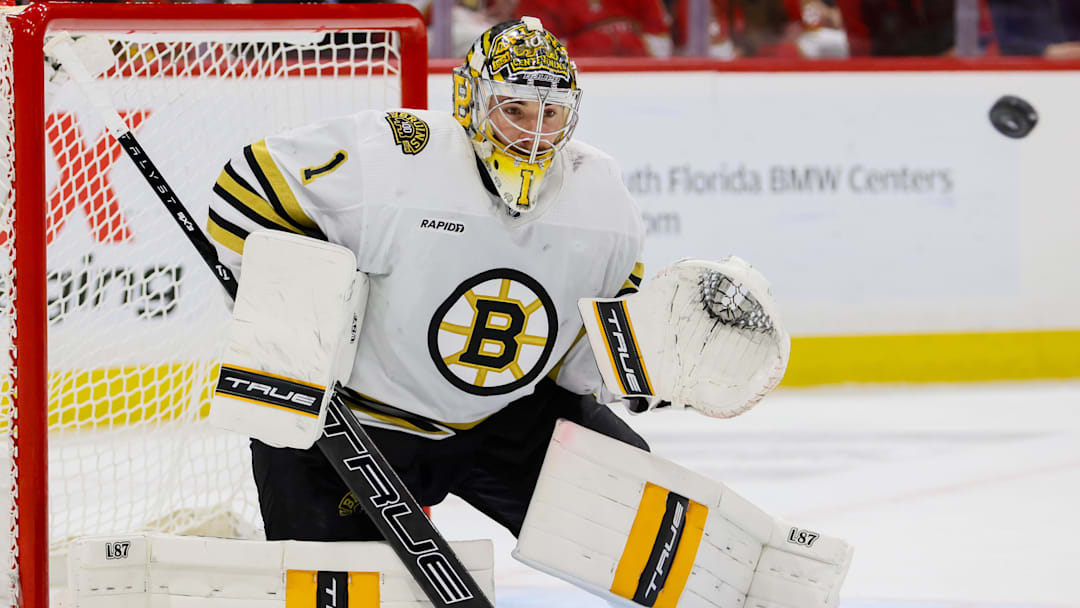 May 14, 2024; Sunrise, Florida, USA; Boston Bruins goaltender Jeremy Swayman (1) defends his net against the Florida Panthers during the second period in game five of the second round of the 2024 Stanley Cup Playoffs at Amerant Bank Arena. Mandatory Credit: Sam Navarro-Imagn Images