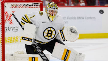 May 14, 2024; Sunrise, Florida, USA; Boston Bruins goaltender Jeremy Swayman (1) defends his net against the Florida Panthers during the second period in game five of the second round of the 2024 Stanley Cup Playoffs at Amerant Bank Arena. Mandatory Credit: Sam Navarro-Imagn Images
