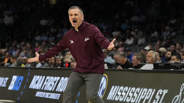 March 21, 2024, Charlotte, NC, USA; Mississippi State Bulldogs head coach Chris Jans reacts against the Michigan State Spartans in the first round of the 2024 NCAA Tournament at the Spectrum Center. Mandatory Credit: Bob Donnan-Imagn Images