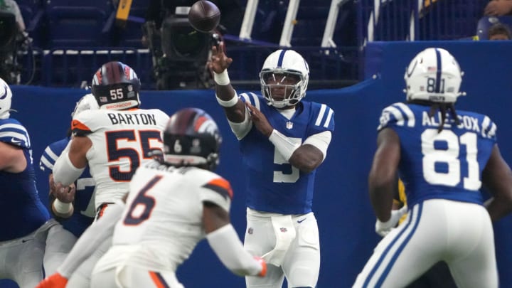 Indianapolis Colts quarterback Anthony Richardson (5) throws a pass during the first half of a preseason game against the Denver Broncos on Sunday, Aug. 11, 2024, at Lucas Oil Stadium in Indianapolis. The Broncos defeated the Colts 34-30.