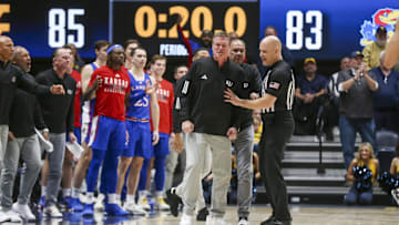 Jan 20, 2024; Morgantown, West Virginia, USA; Kansas Jayhawks head coach Bill Self reacts after a foul call