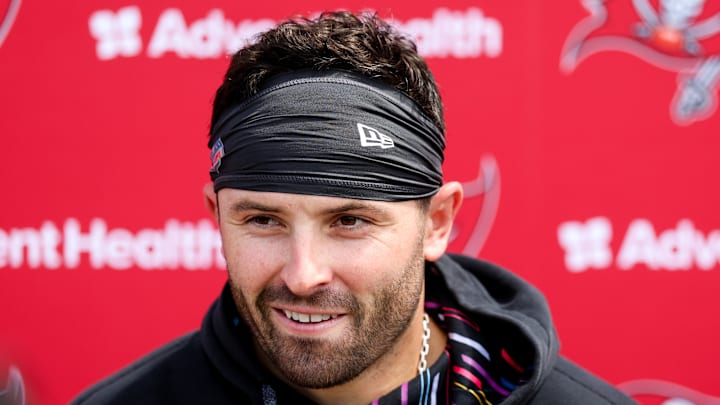 Tampa Bay Buccaneers quarterback Baker Mayfield talks to media after a practice. Tampa Bay Buccaneers quarterback Baker Mayfield talks to media after a practice.
