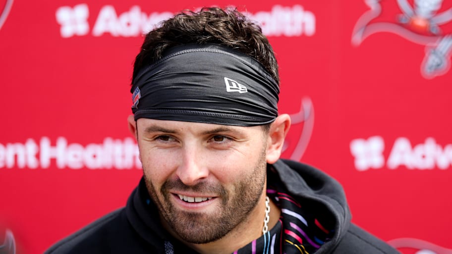Tampa Bay Buccaneers quarterback Baker Mayfield talks to media after a practice. | Nathan Ray Seebeck-Imagn Images