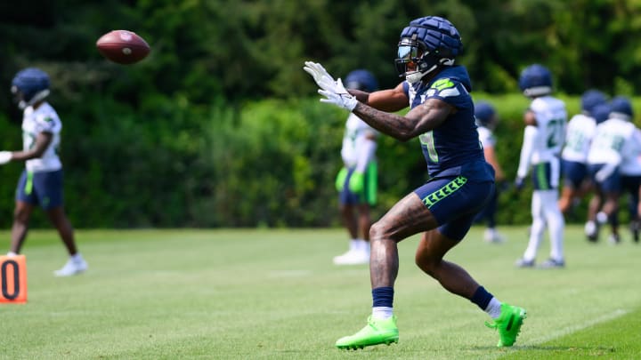 Jul 27, 2024; Renton, WA, USA; Seattle Seahawks wide receiver DK Metcalf (14) catches a pass during training camp at Virginia Mason Athletic Center.