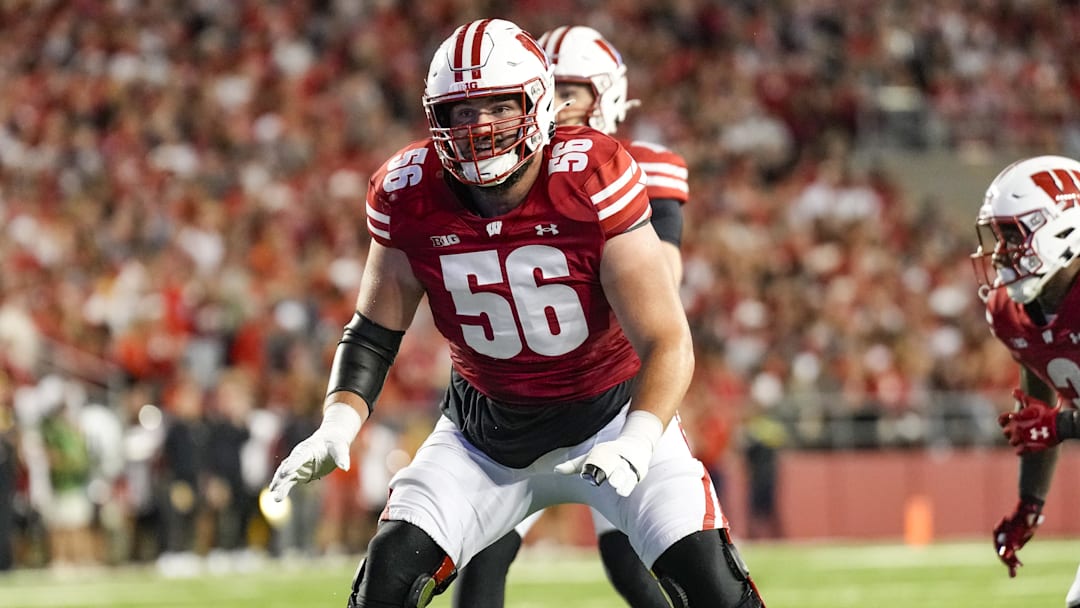 Wisconsin Badgers offensive lineman Joe Brunner (56) during the game against the Western Michigan Broncos at Camp Randall Stadium.