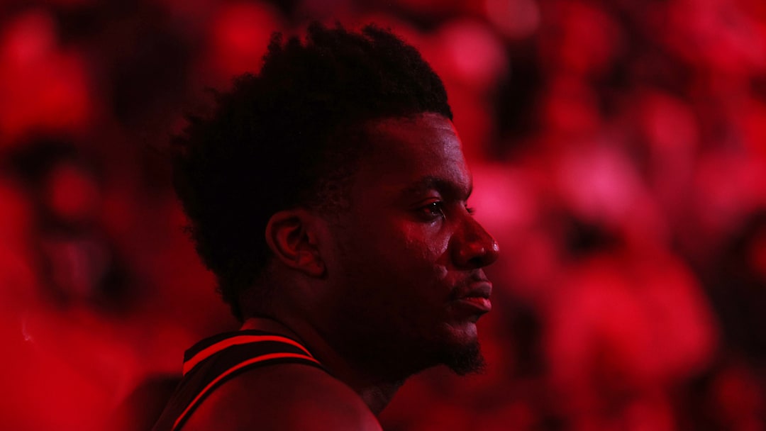 Clint Capela gazes into the distance before a match against the Chicago Bulls