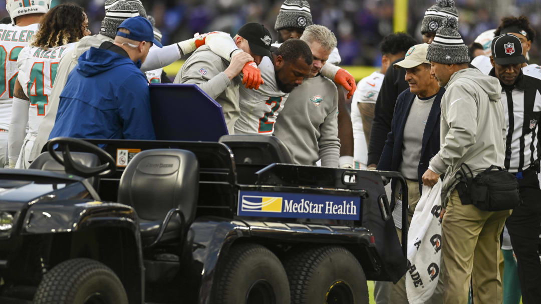 Miami Dolphins linebacker Bradley Chubb (2) is helped to the cart after being injured during the second half against the Baltimore Ravens at M&T Bank Stadium in Week 17 last season.