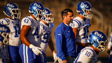 Nov 8, 2025; East Hartford, Connecticut, USA; Duke Blue Devils head coach Manny Diaz on the field for warm up before the start of the game against the UConn Huskies at Pratt & Whitney Stadium at Rentschler Field. Mandatory Credit: David Butler II-Imagn Images