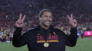 Nov 4, 2017; Los Angeles, CA, USA; Pittsburgh Steelers former safety Troy Polamalu is recognized for his induction into the Southern California Trojans hall of fame at halftime of an NCAA football game against the Arizona Wildcats at Los Angeles Memorial Coliseum. Mandatory Credit: Kirby Lee-Imagn Images