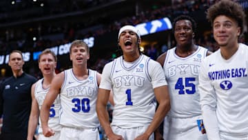 BYU players celebrate on the bench during their win over VCU in the first round of the NCAA tournament.
