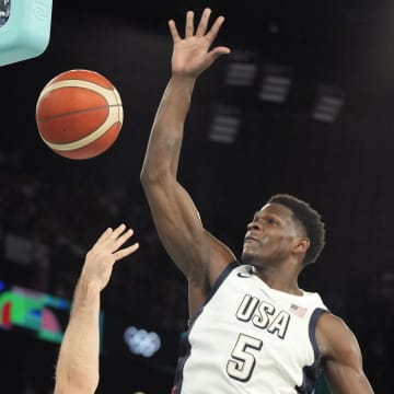 Aug 8, 2024; Paris, France; United States guard Anthony Edwards (5) blocks the shot of Serbia point guard Vasilije Micic (22) during the first half in a men's basketball semifinal game during the Paris 2024 Olympic Summer Games at Accor Arena. Mandatory Credit: Kyle Terada-USA TODAY Sports