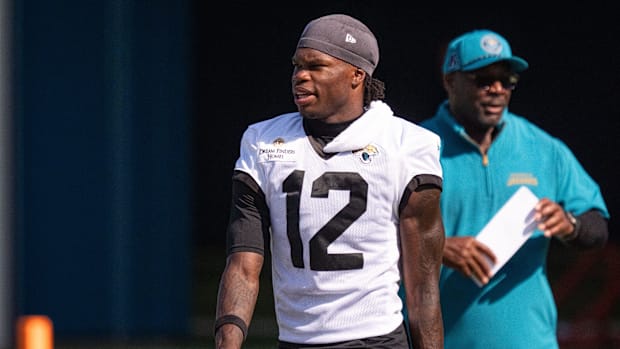 Jacksonville Jaguars wide receiver Travis Hunter (12) walks off the field after the Jacksonville Jaguars’ training cam