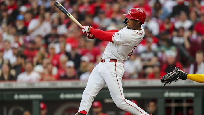 Apr 8, 2024; Cincinnati, Ohio, USA; Cincinnati Reds designated hitter Will Benson (30) hits a solo