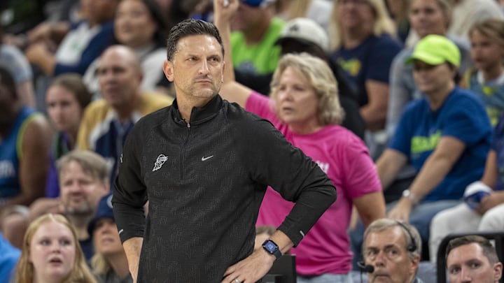 Sep 21, 2025; Minneapolis, Minnesota, USA; Phoenix Mercury head coach Nate Tibbetts looks on against the Minnesota Lynx in the second half during game one of the second round for the 2025 WNBA Playoffs at Target Center. Mandatory Credit: Jesse Johnson-Imagn Images