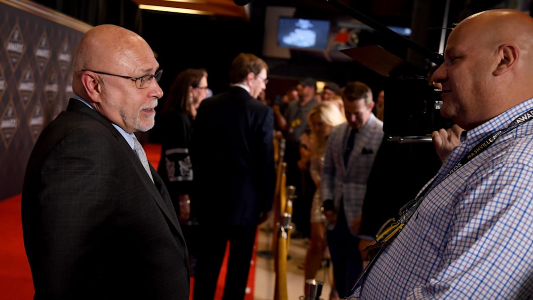Jun 26, 2023; Nashville, Tennessee, USA; Incoming Nashville Predators general manager Barry Trotz talks with members of the media on the red carpet before the 2023 NHL Awards at Bridgestone Arena. Mandatory Credit: Christopher Hanewinckel-Imagn Images