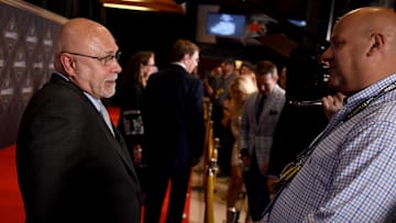 Jun 26, 2023; Nashville, Tennessee, USA; Incoming Nashville Predators general manager Barry Trotz talks with members of the media on the red carpet before the 2023 NHL Awards at Bridgestone Arena. Mandatory Credit: Christopher Hanewinckel-Imagn Images