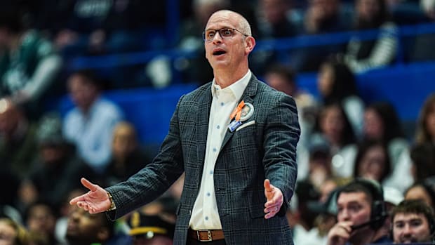 UConn Huskies head coach Dan Hurley watches from the sideline as they take on the DePaul Blue Demons.