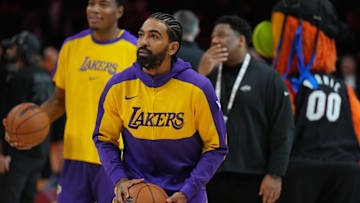 Dec 4, 2024; Miami, Florida, USA;  Los Angeles Lakers guard Gabe Vincent (7) warms-up before a game against the Miami Heat at Kaseya Center. Mandatory Credit: Jim Rassol-Imagn Images