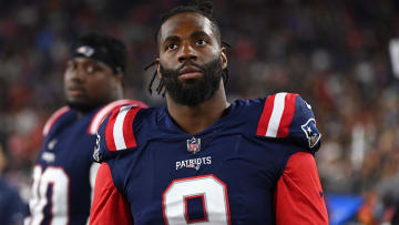 Aug 19, 2022; Foxborough, Massachusetts, USA; New England Patriots linebacker Matthew Judon (9) on the sideline during the second half of a preseason game against the Carolina Panthers at Gillette Stadium. Mandatory Credit: Eric Canha-USA TODAY Sports