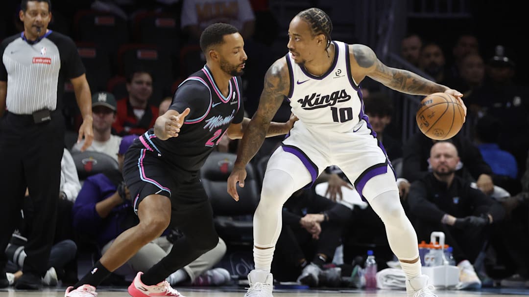 Dec 6, 2025; Miami, Florida, USA; Miami Heat guard Norman Powell (24) defends Sacramento Kings guard DeMar DeRozan (10) during the first half at Kaseya Center. Mandatory Credit: Rhona Wise-Imagn Images Dec 6, 2025; Miami, Florida, USA; Miami Heat guard Norman Powell (24) defends Sacramento Kings guard DeMar DeRozan (10) during the first half at Kaseya Center. Mandatory Credit: Rhona Wise-Imagn Images